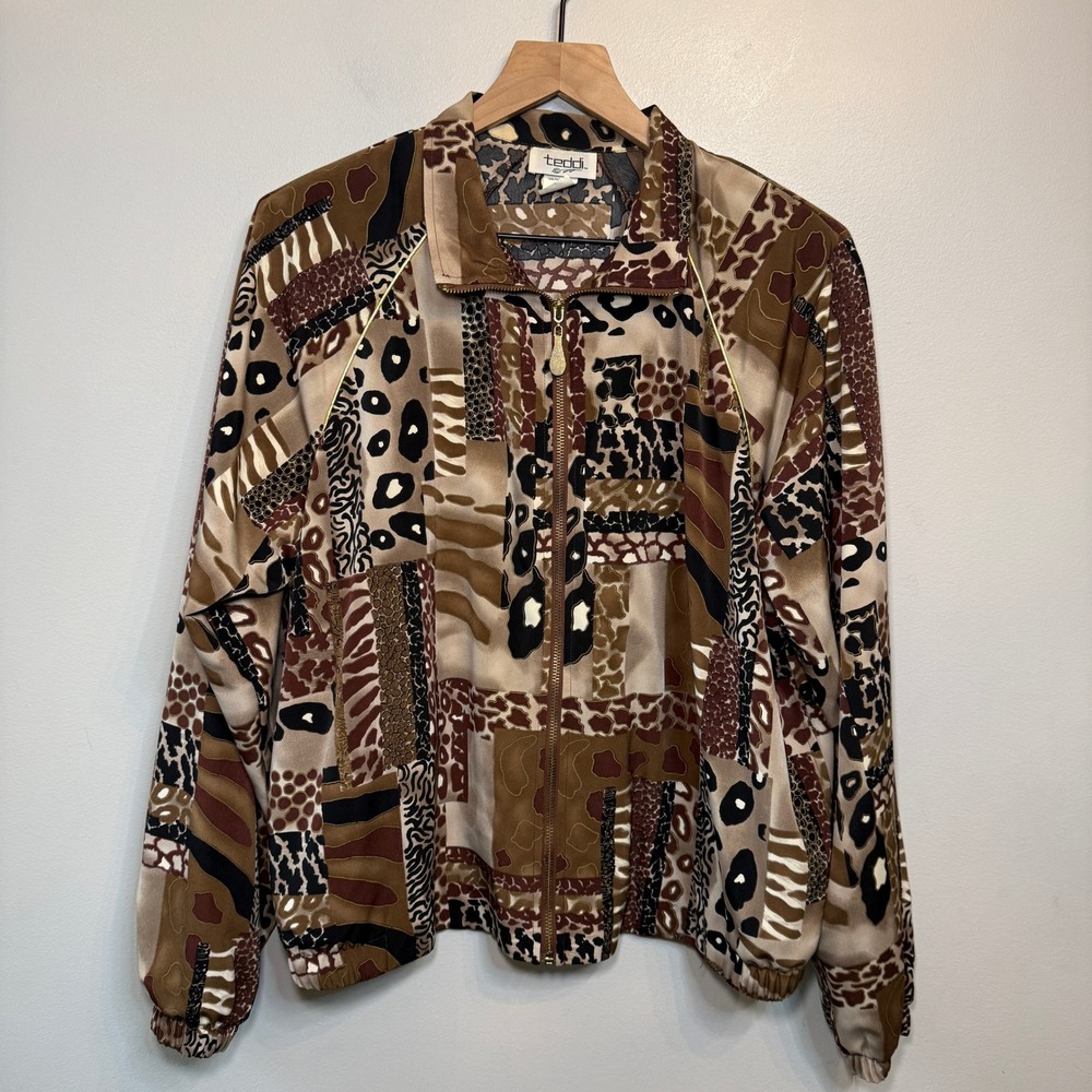 Teddi Women's VTG Animal Print Patchwork Full Zip Jacket Gold Brown X-Large NWT